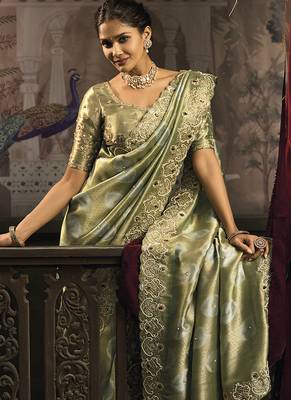 Olive green silk blend saree with embroidered zari work 2