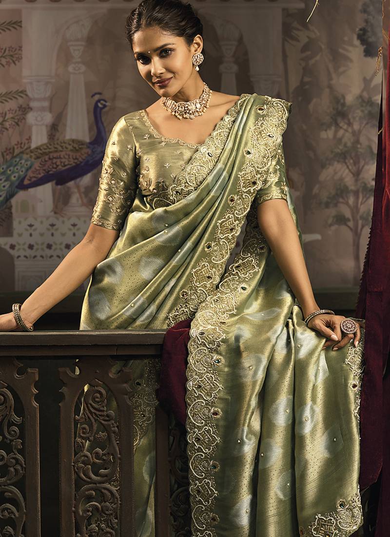 Olive green silk blend saree with embroidered jari and cut-dana work