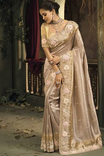 Chiku silk blend saree with embroidered jari and cut-dana work