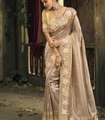 Chiku silk blend saree with embroidered jari and cut-dana work