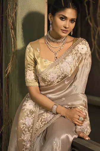 Chiku silk blend saree with embroidered zari work