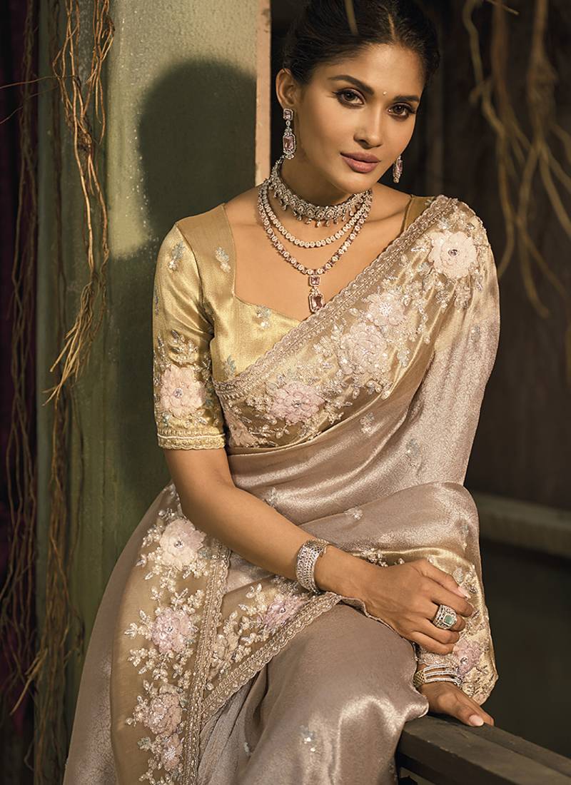 Chiku silk blend saree with embroidered jari and cut-dana work