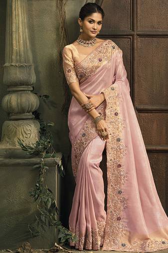 Pink silk blend saree with embroidered jari and cut-dana work