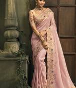 Pink silk blend saree with embroidered jari and cut-dana work