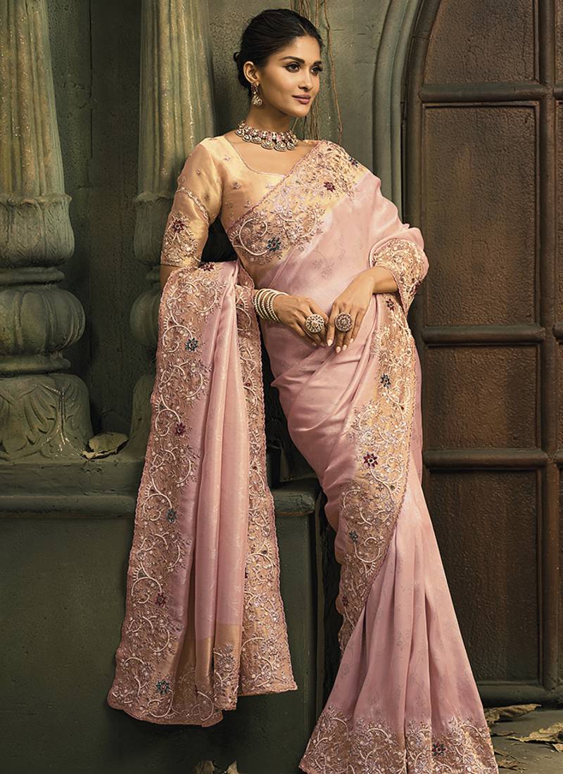 Pink silk blend saree with embroidered jari and cut-dana work