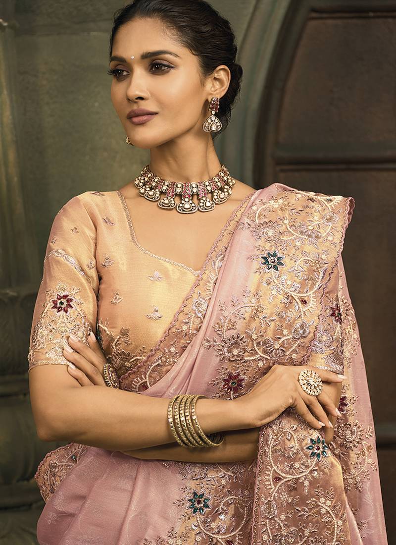 Pink silk blend saree with embroidered jari and cut-dana work