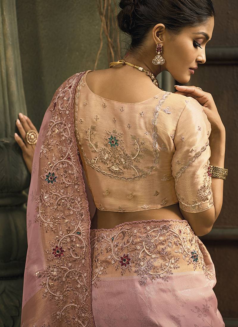 Pink silk blend saree with embroidered jari and cut-dana work