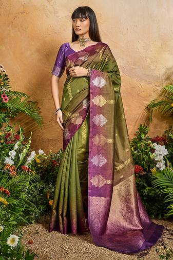 Weaving handloom silk blend olive green contemporary saree
