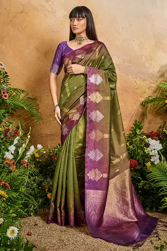Weaving handloom silk blend olive green contemporary saree