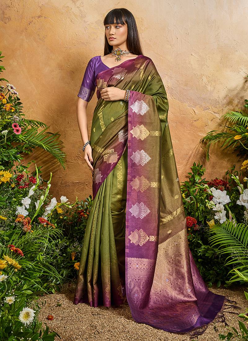 Weaving handloom silk blend olive green contemporary saree