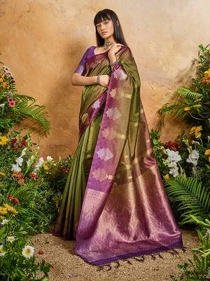 Weaving handloom silk blend olive green saree 2