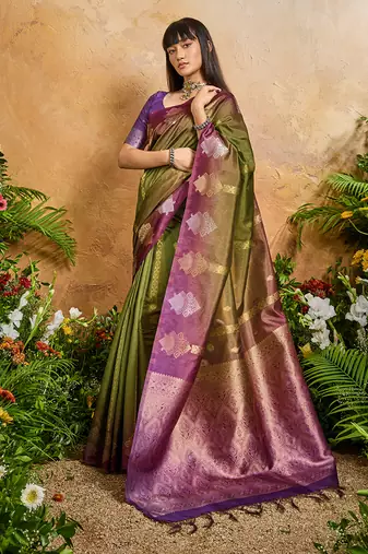 Weaving handloom silk blend olive green saree