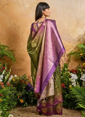 Weaving handloom silk blend olive green saree 3