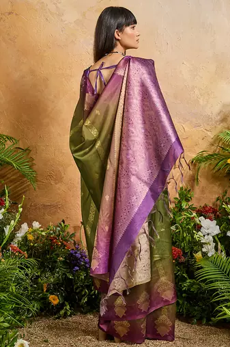 Weaving handloom silk blend olive green saree