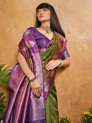 Weaving handloom silk blend olive green saree 4