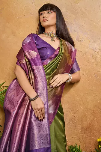 Weaving handloom silk blend olive green saree