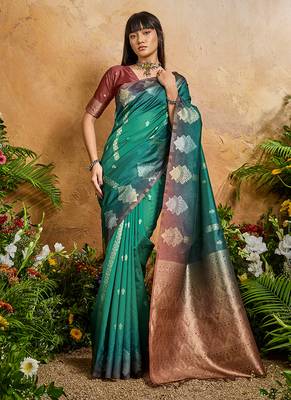Weaving handloom silk blend teal green saree 1