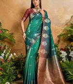 Weaving handloom silk blend teal green contemporary saree