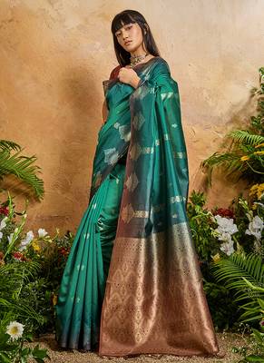 Weaving handloom silk blend teal green saree 2