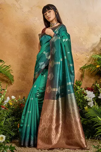 Weaving handloom silk blend teal green saree