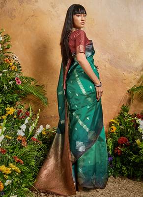 Weaving handloom silk blend teal green saree 3