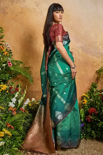 Weaving handloom silk blend teal green saree