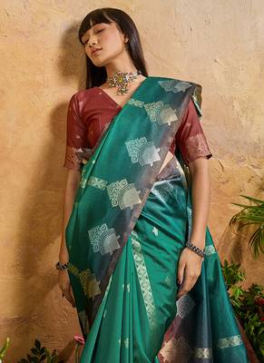 Weaving handloom silk blend teal green saree 4