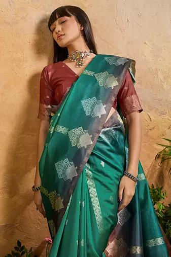 Weaving handloom silk blend teal green saree
