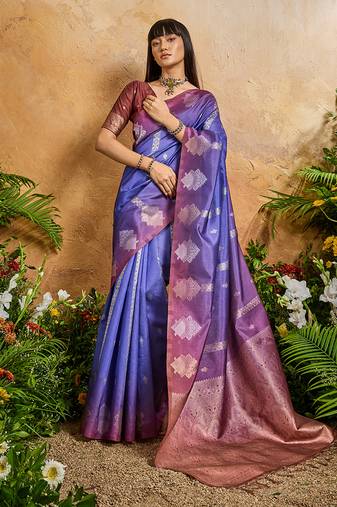 Weaving handloom silk blend violet contemporary saree
