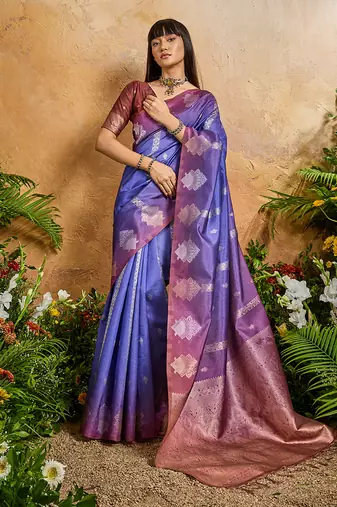 Weaving handloom silk blend violet contemporary saree