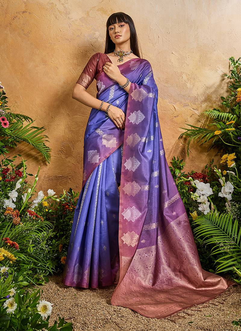 Weaving handloom silk blend violet contemporary saree