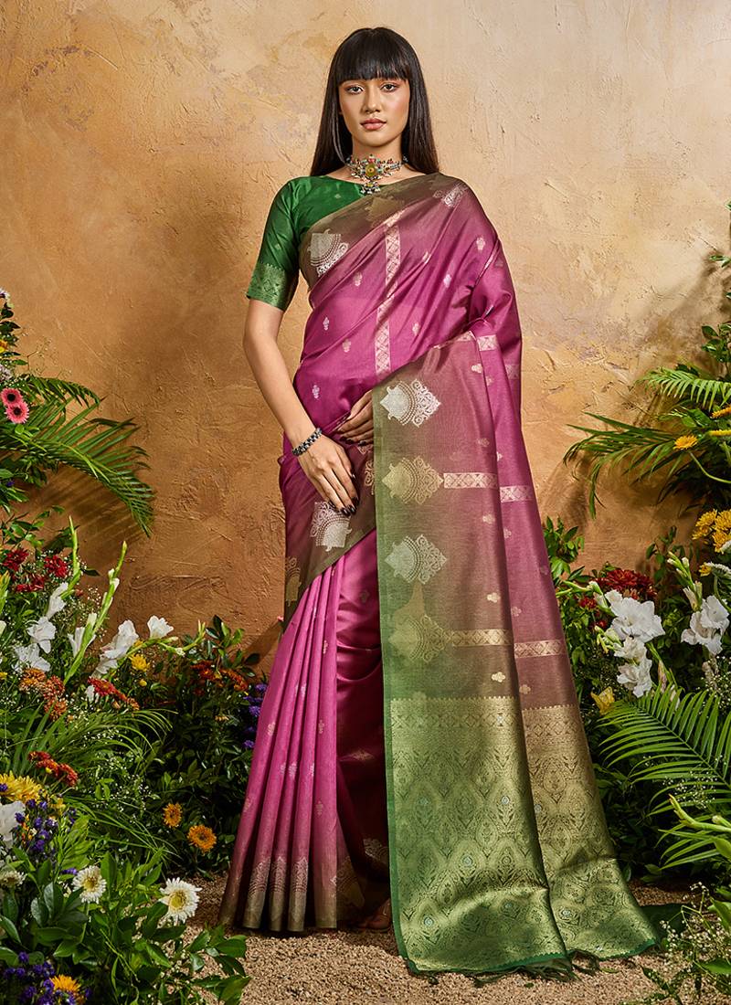 Weaving handloom silk blend magenta pink contemporary saree
