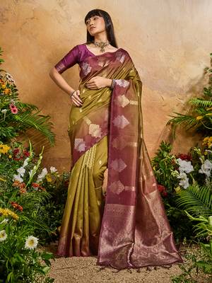 Weaving handloom silk blend mehendi green saree 1