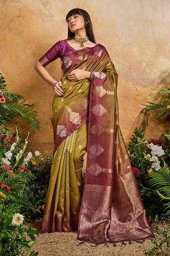 Weaving handloom silk blend mehendi green contemporary saree