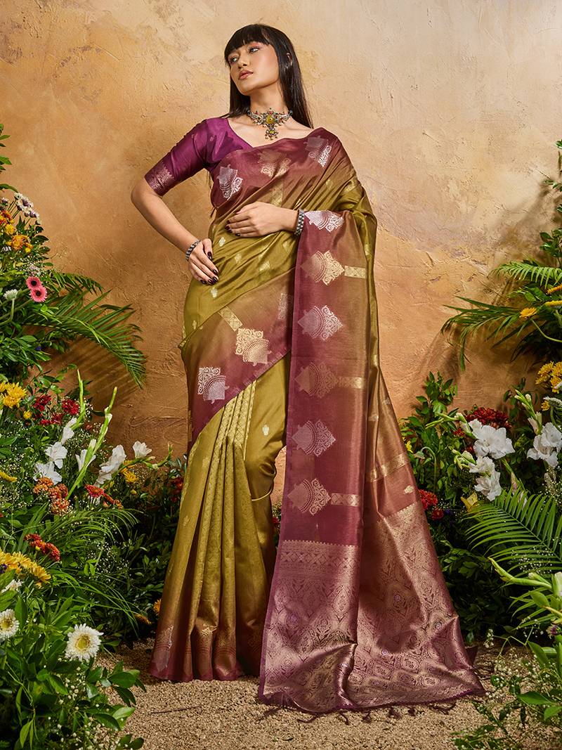 Weaving handloom silk blend mehendi green contemporary saree