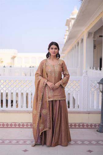 gold silk zari sequins embroidered sharara set with dupatta