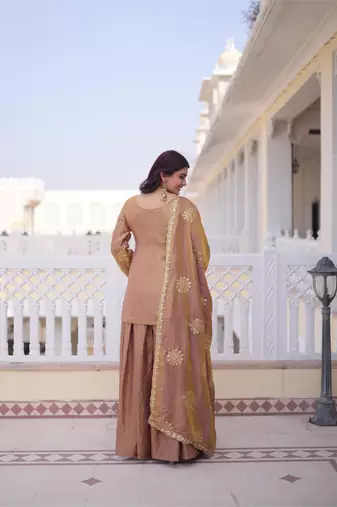 gold silk zari sequins embroidered sharara set with dupatta