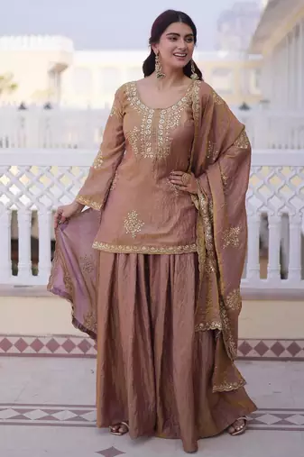 gold silk zari sequins embroidered sharara set with dupatta