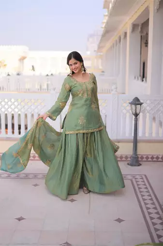 green silk zari sequins embroidered sharara set with dupatta