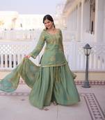 green silk zari sequins embroidered sharara set with dupatta