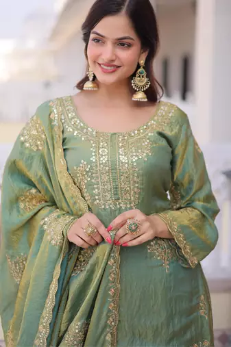 green silk zari sequins embroidered sharara set with dupatta