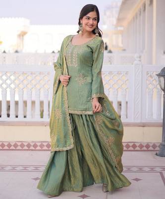 green silk zari sequins embroidered sharara set with dupatta 4