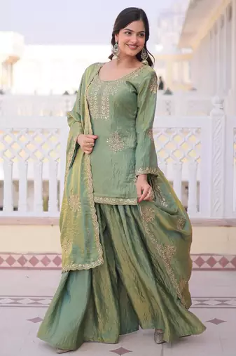 green silk zari sequins embroidered sharara set with dupatta