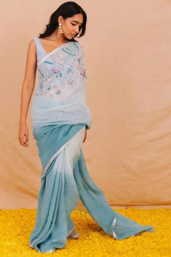 Blue handloom linen saree with hand embroidered work