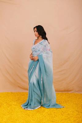 Blue handloom linen saree with hand embroidered work 2