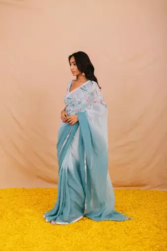 Blue handloom linen saree with hand embroidered work