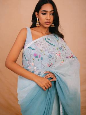 Blue handloom linen saree with hand embroidered work 3