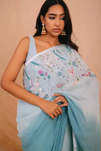 Blue handloom linen saree with hand embroidered work