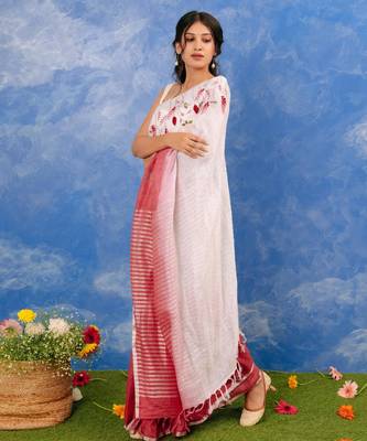 Pink handloom linen saree with hand embroidered work 2