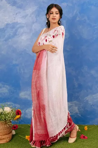 Pink handloom linen saree with hand embroidered work